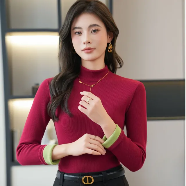 Fleece lined Thickened Bottoming Shirt Women's Half High necked Ankela Red - Shop at LoveMi