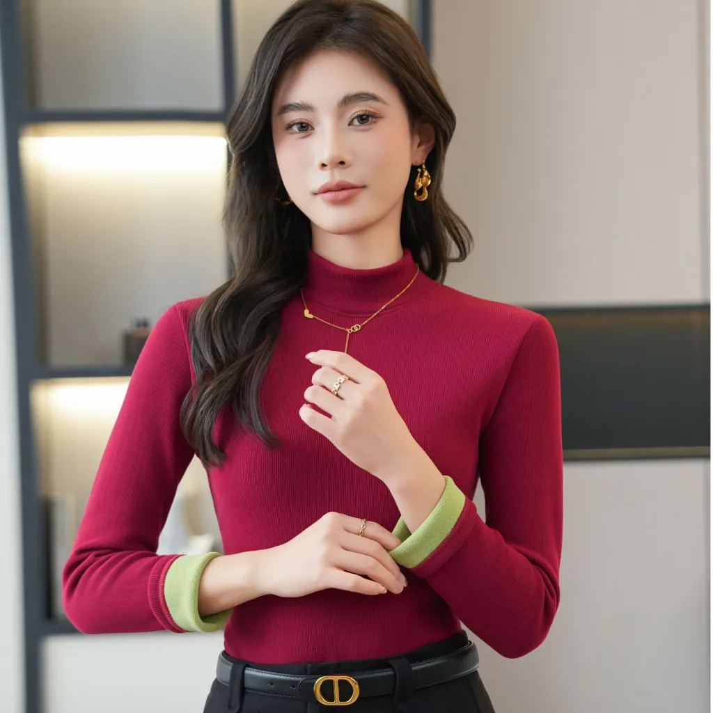 Fleece-lined Thickened Bottoming Shirt Women's Half High-necked - Ankela Red