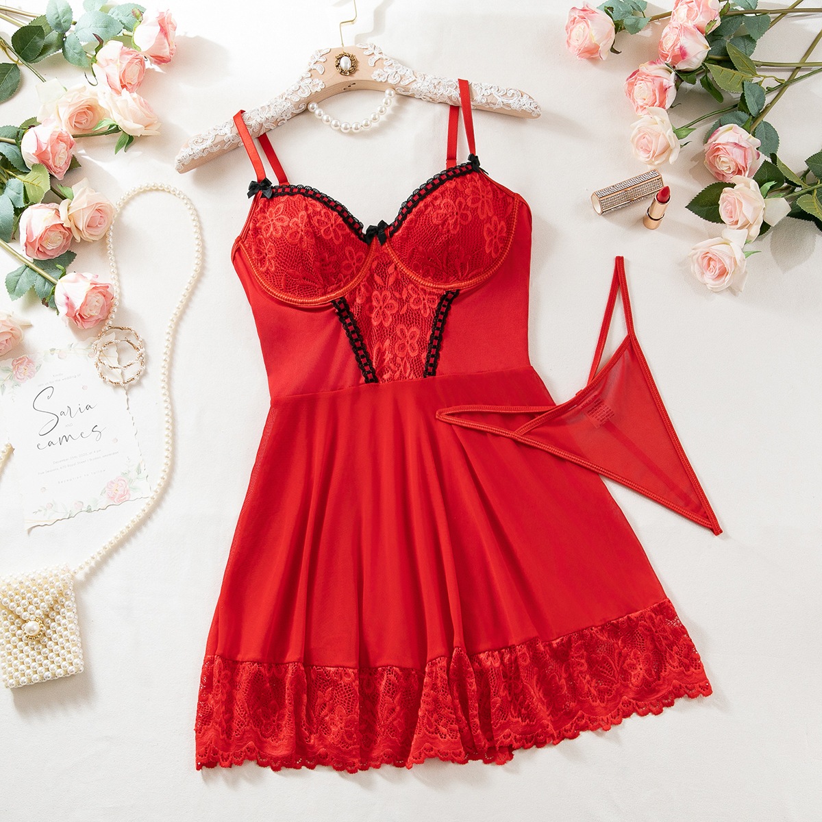 Sexy Lingerie Nightdress Lace Stitching Lace Body Shaping Sexy Lingerie Three piece Set Red Mesh Stockings - Shop at LoveMi