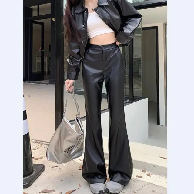 Slim Fit Leather Bootcut Trousers Slimming High Waist Casual Leather Pants Black - Shop at LoveMi