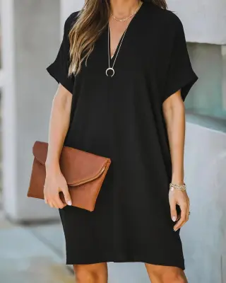 Casual V-n Collar Short Sleeve Home Decoration Dress - Black