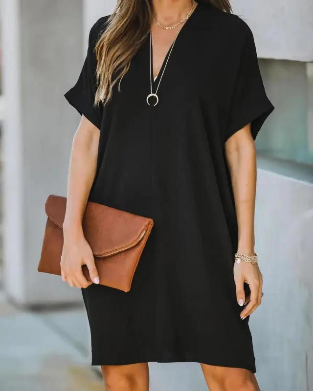 Casual V n Collar Short Sleeve Home Decoration Dress Black - Shop at LoveMi