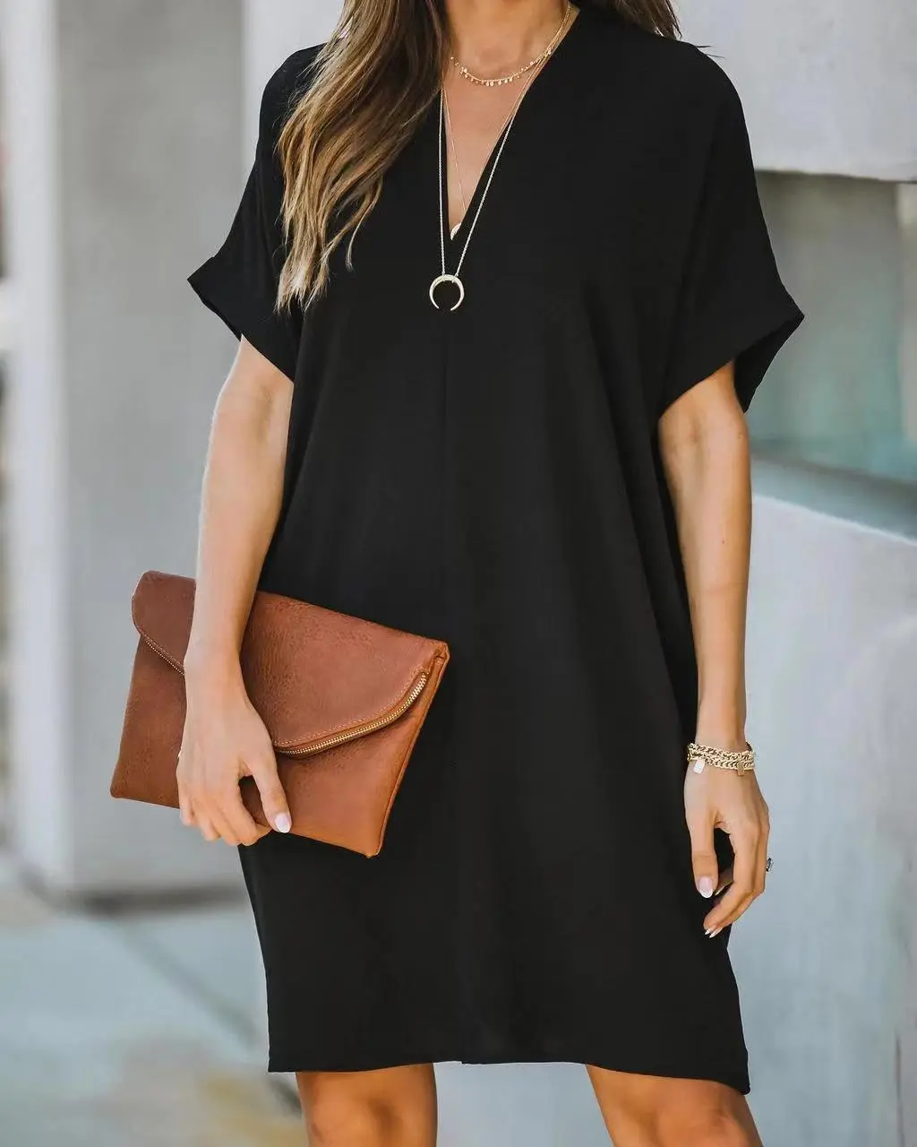 Casual V-n Collar Short Sleeve Home Decoration Dress - Black