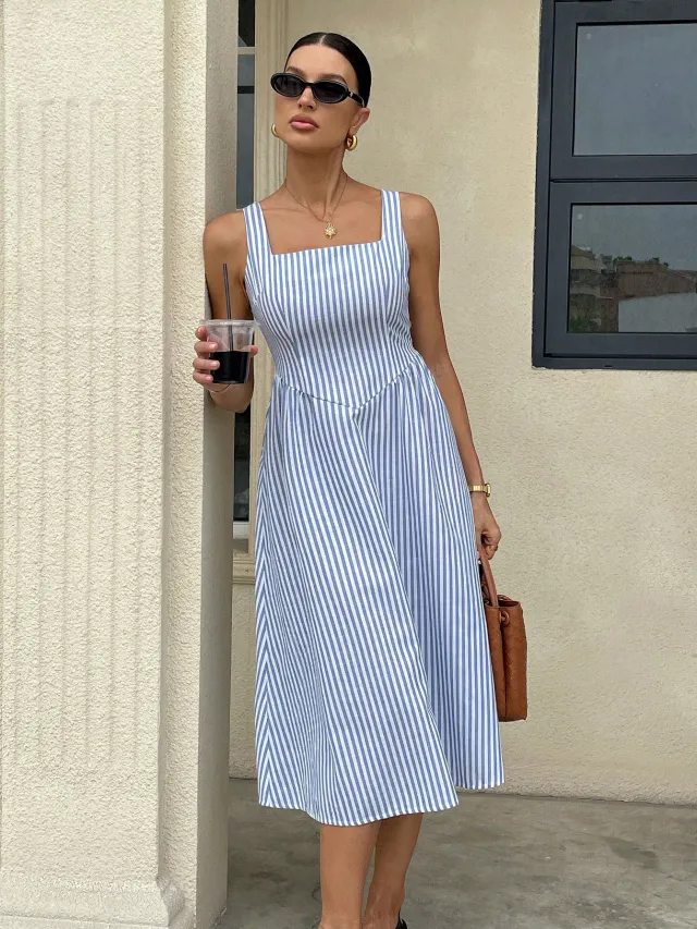 Womens Casual Sleeveless Strappy Square Neck Colorblock Striped Dress Blue - Shop at LoveMi