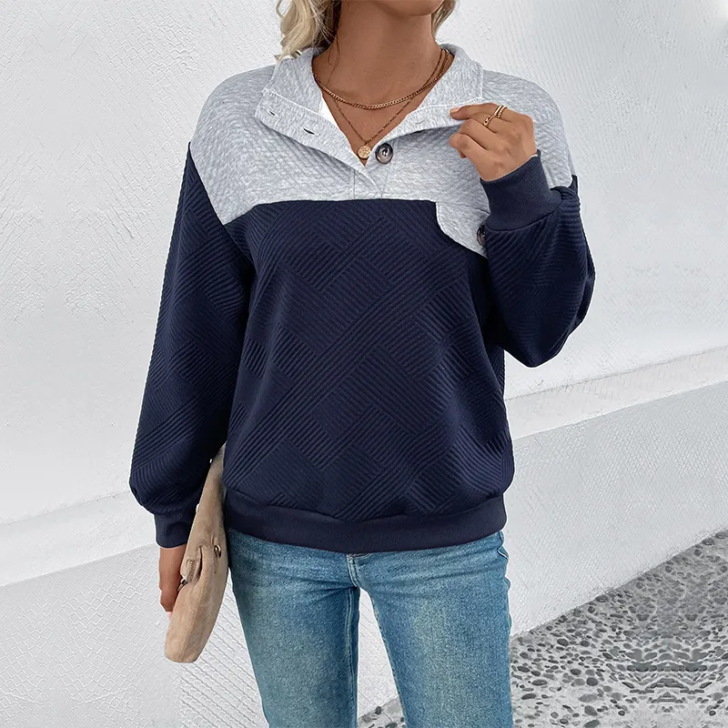 Lapel Colour Matching Long-sleeved Sweater For Women - Blue