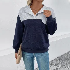 Lapel Colour Matching Long-sleeved Sweater For Women - Blue - View 1