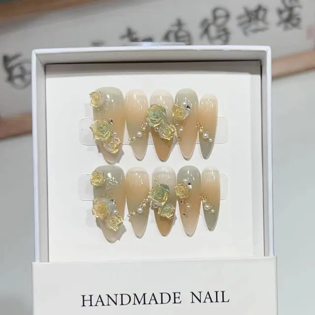 Affordable Luxury Style Colored Glaze Rose Nail Art 746 Long Almond - Shop at LoveMi