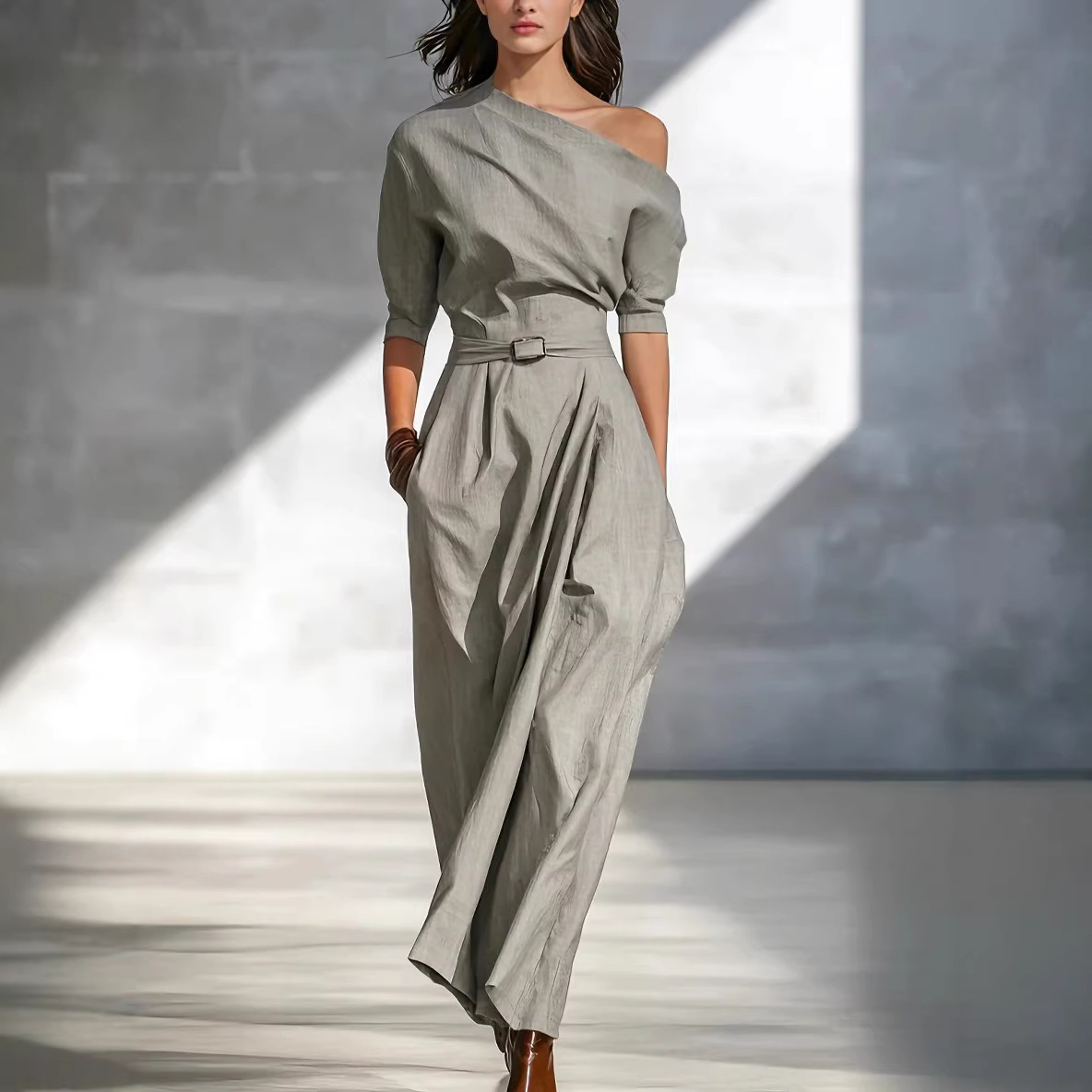 Slanted Shoulder Waist Long Dress