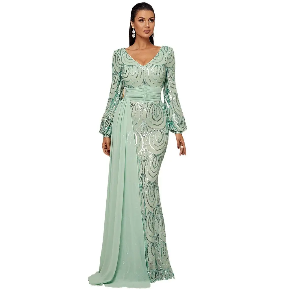 Long Sleeve Sexy Sequined V-neck Banquet Ribbon