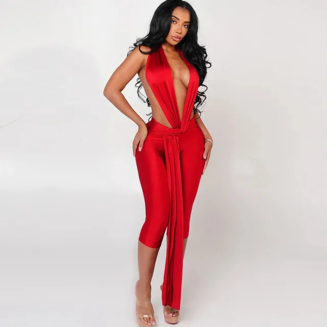 Solid Color Sexy Chic Sleeveless Halterneck Backless Bodycon Jumpsuit Red - Shop at LoveMi