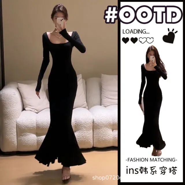 Elegant Slim fit Long Sleeve Mermaid Dress Black - Shop at LoveMi