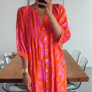 Women's Printed Button V-neck Loose Dress