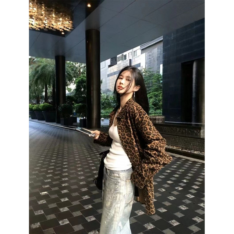 Womens Retro Leopard-Print Lapel Long-Sleeve Coat