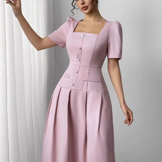 Slimming Square Neckline Dress With Puff Sleeves