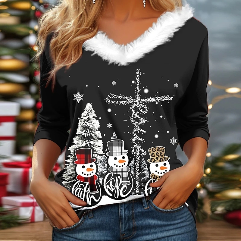 Christmas Print Series Fur Collar Top