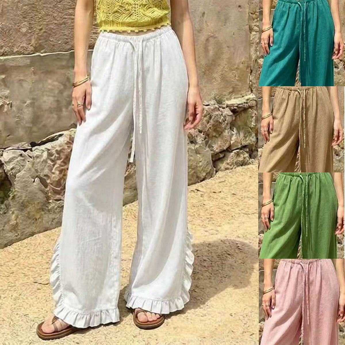 High Waisted Wide Leg Trousers With A Draped Ruffled Hem Casual Long Pants