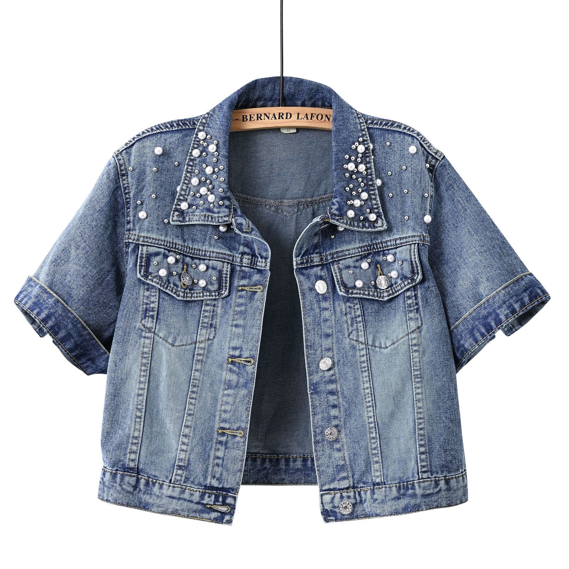 Heavy-duty Fashion Beaded Cropped Denim Jacket product image
