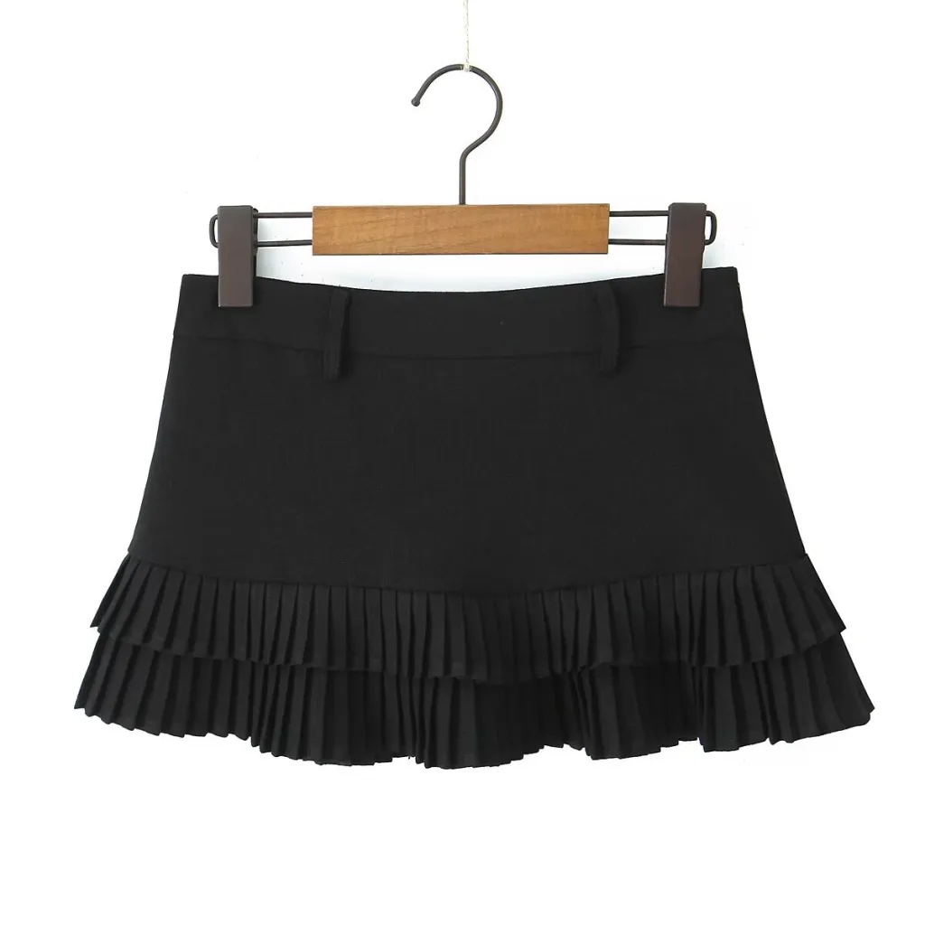 Women's Pleated Mini Skirt Stitching - Black