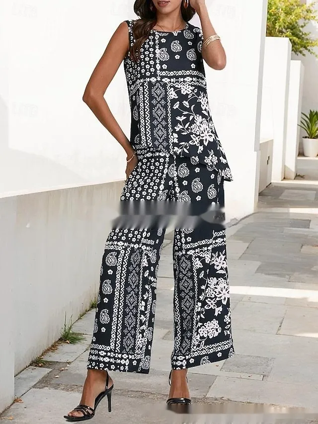 Women's Clothing Spring And Summer Hot selling Sleeveless Round Neck Beveled Top Printed Pants No 7 Color - Shop at LoveMi