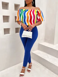 Casual Loose Off-shoulder Short Sleeve Matching Women's Suit - Colour-L - View 1