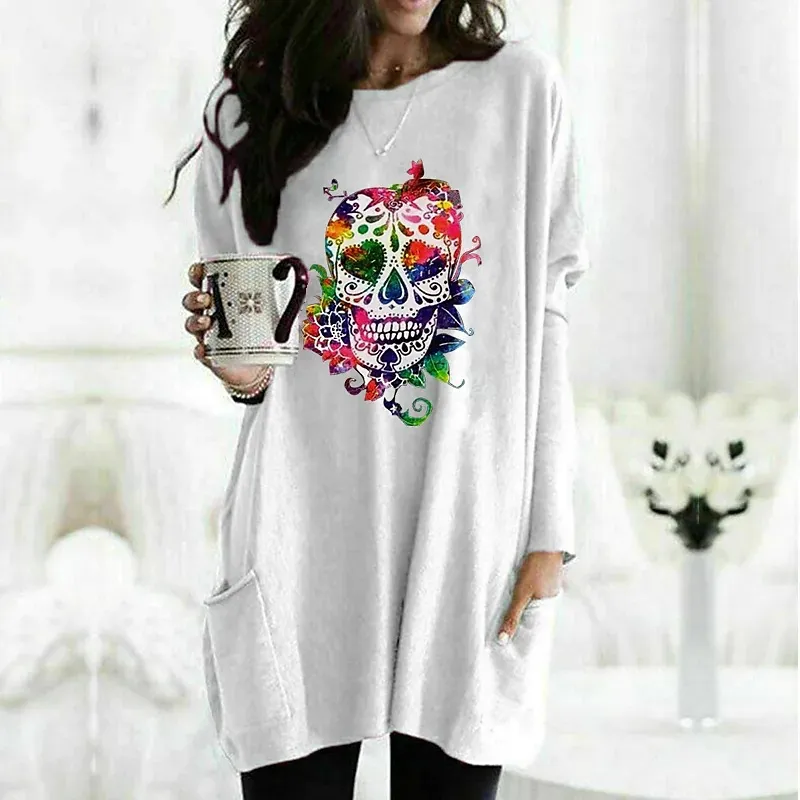 Women's Fashionable Colorful Skull Printed Long-sleeved T-shirt - 5 Style
