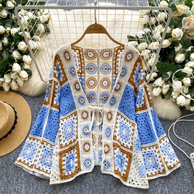 Bohemian Vacation Style Outer Wear Cardigan Women Idle Style Casual Loose Blue - Shop at LoveMi