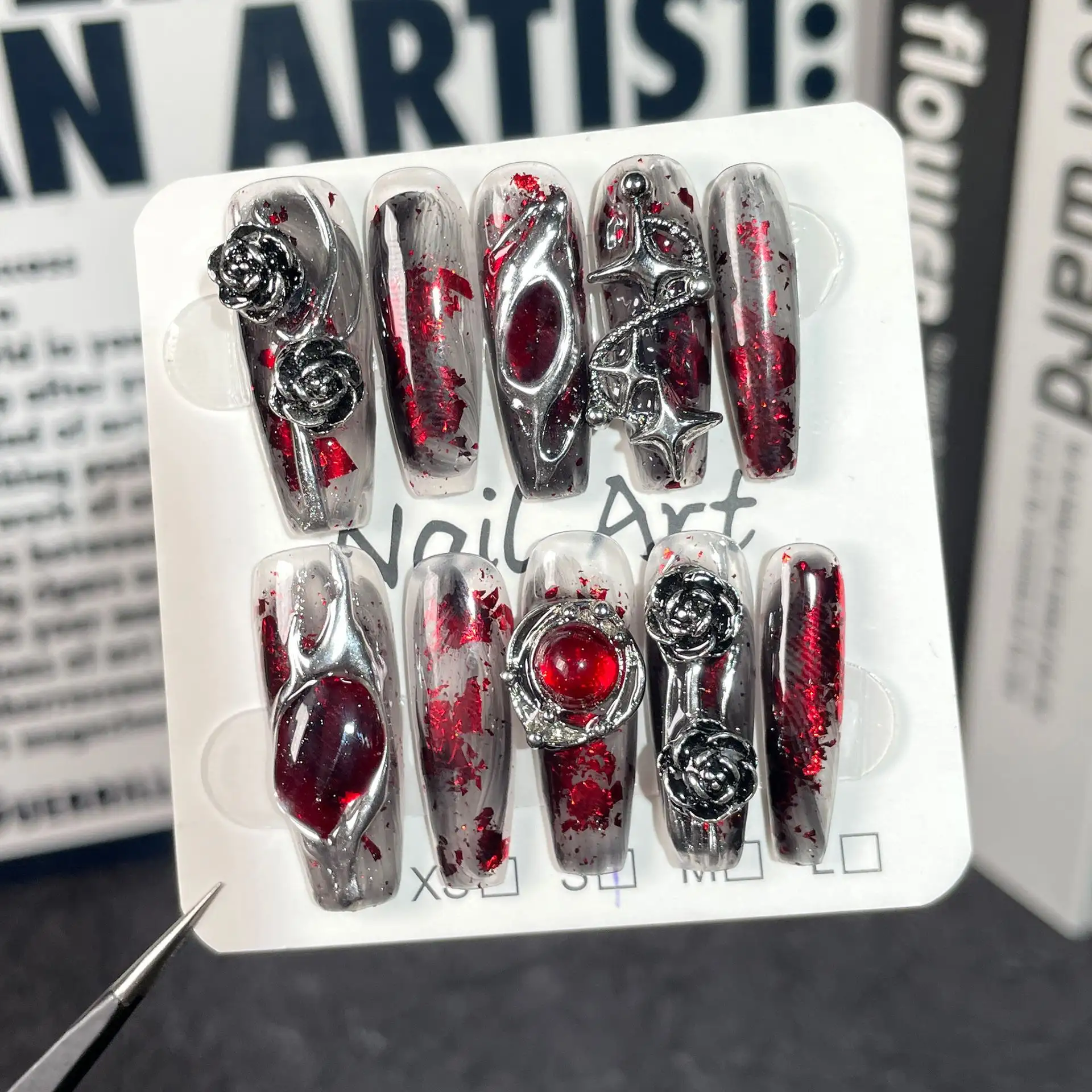 Long-style Wearable Nails In Blood-red Gothic Design