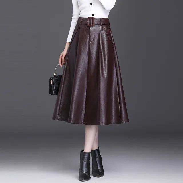 Autumn And Winter A Line PU High Waist Pleated Leather Leather Skirt Wine Red - Shop at LoveMi