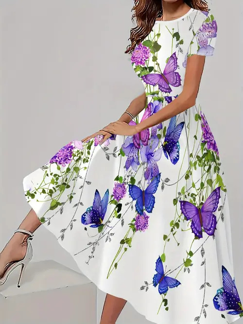 Trendy Casual All matching Floral Pattern Short Sleeve Round Neck Dress Wf008Rq250226Y051 - Shop at LoveMi