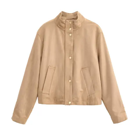 Womens Casual Stand-collar Suede-fleece Long-sleeve Jacket