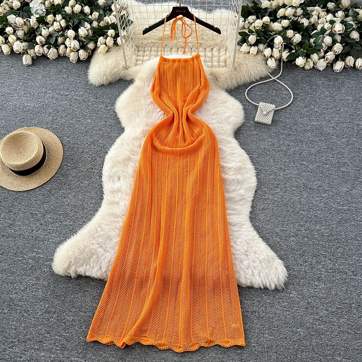 Halter Spaghetti Straps Waist tight Vacation Style Dress Women Orange Red - Shop at LoveMi