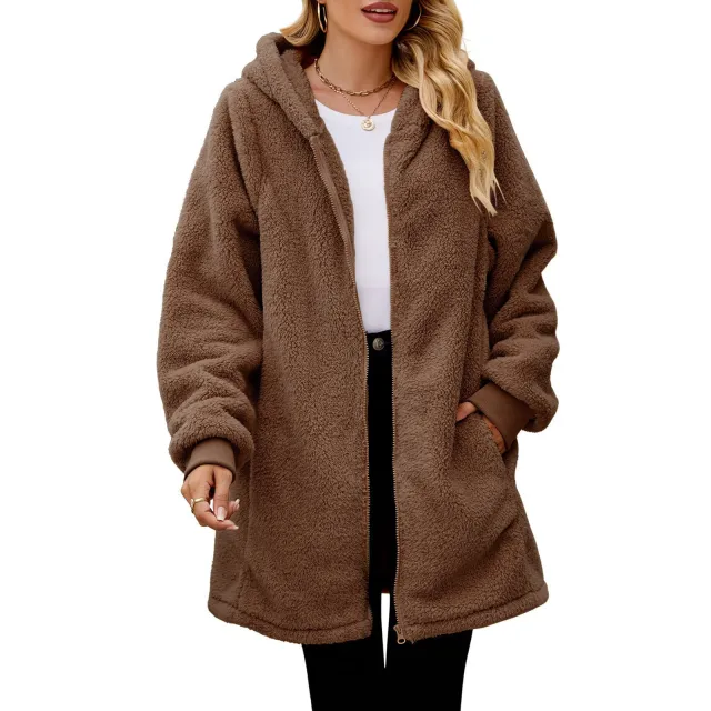 Loose Plush Women's Long Sleeve Hooded Zip Cardigan Coat Dark Brown - Shop at LoveMi