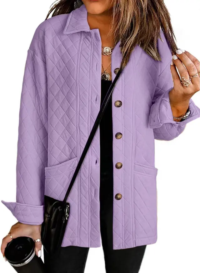 Women's Casual Quilted Jacket Button Long Sleeve Shirt With Pocket Coat Light Purple - Shop at LoveMi