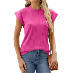Women's Solid Colour Crew Neck T-shirt Top Vest - Barbie Pink - View 1