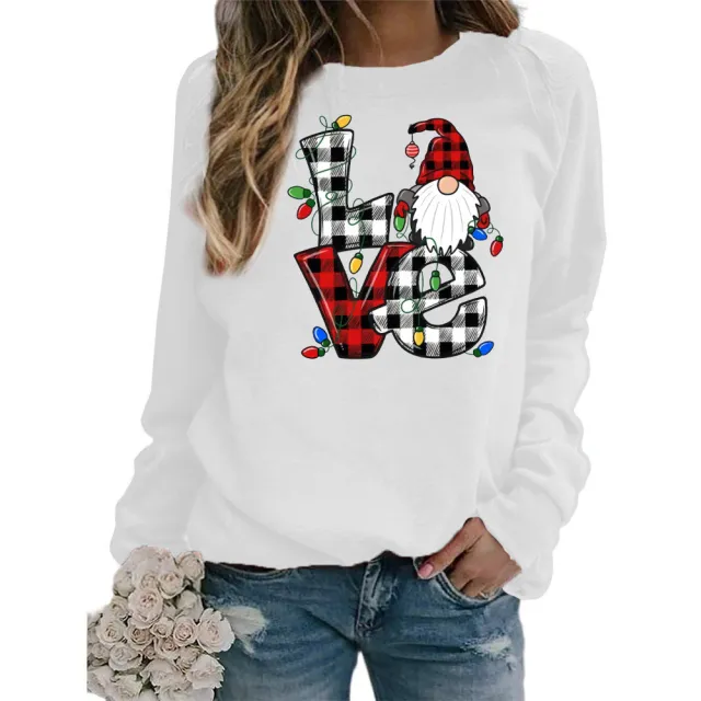 European And American Santa Claus Plaid Love Printed Round Neck Long Sleeve Sweater Coat Ladies White - Shop at LoveMi