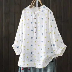 Double-layer Cotton Yarn Shirt Floral Stand Collar Loose - Circle White - View 1