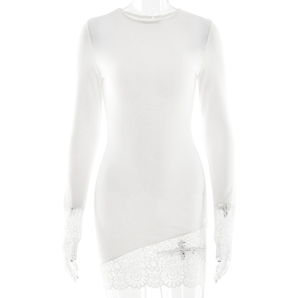 Knitted Solid Color Sexy Temperament Lace Trim Slim Dress White - Shop at LoveMi