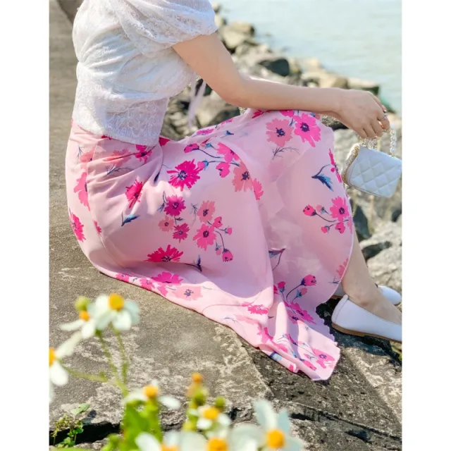 Vacation Style Floral Skirt Chiffon Dress Skirt One piece Ruffled 8111 Girl Pink Red Flower - Shop at LoveMi