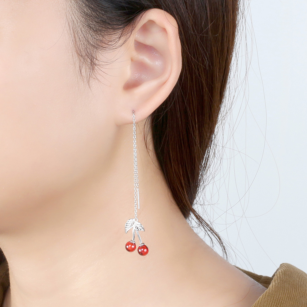 S925 Sterling Silver Earrings Red Cherry Pomegranate Red