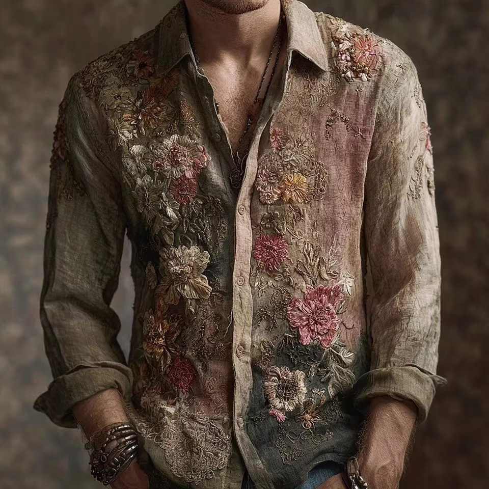 Retro Casual American-style Loose-fitting Mens Printed Long-sleeve Floral Shirt