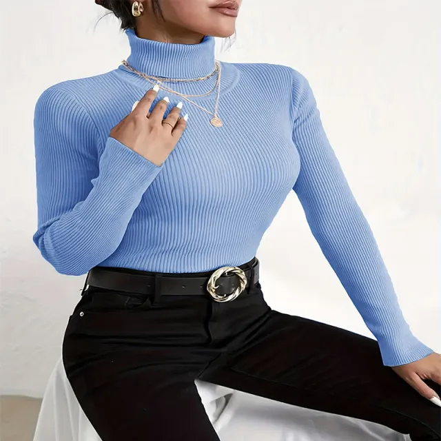 Autumn New Long Sleeve Turtleneck Fashion Solid Color Sweater Blue - Shop at LoveMi