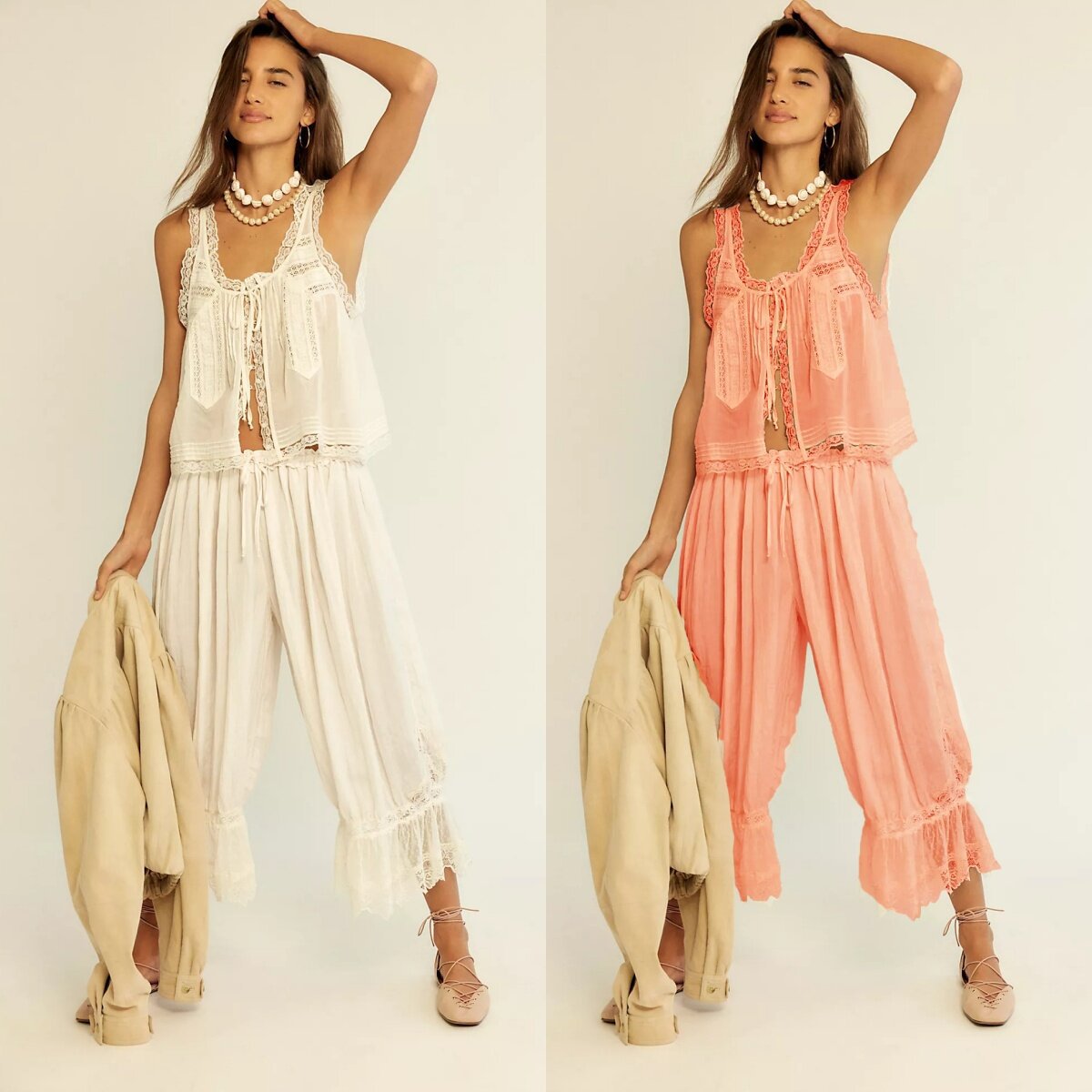 Womens Cropped Pants With Patchwork Lace Vest Set