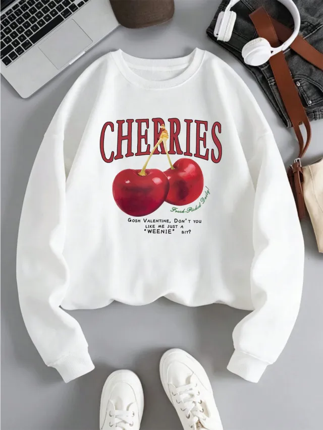 Fashion Women's Sweatshirt Fresh Red Cherry Printed Sweater White - Shop at LoveMi