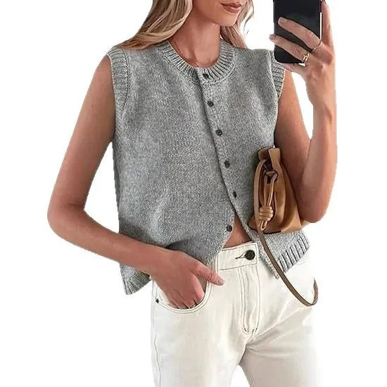 Single breasted Sleeveless Knitted Vest Gray - Shop at LoveMi