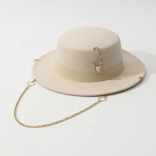 Female Felt Cap Pin Chain Decoration Flat Top Hat Beige - Shop at LoveMi