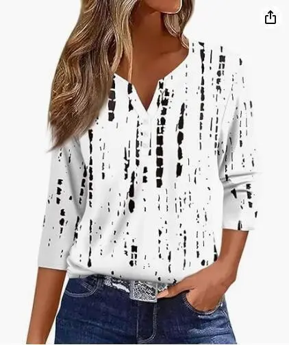 Women's T shirt V neck Half open Tube Three button Printed 34 Sleeves Top 48 Style Xl - Shop at LoveMi