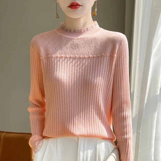Women's Fashion Wool Lace Bottoming Shirt Pink - Shop at LoveMi