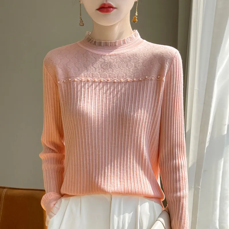Women's Fashion Wool Lace Bottoming Shirt - Pink