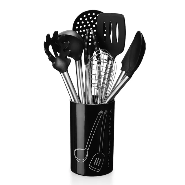 Stainless Steel Silicone Kitchenware Kit Hot Silicone Kitchenware 9 piece Set With Storage Bucket Black - Shop at LoveMi