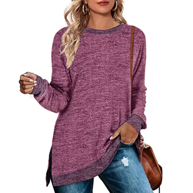 Long Sleeve Round Neck Multicolor Split Top Loose Leisure Pullover T shirt Purplish Red - Shop at LoveMi